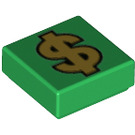 LEGO Vert Tuile 1 x 1 avec Gold Dollar Sign avec rainure (3070 / 69046)
