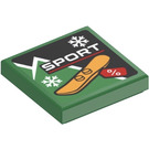 LEGO Grün Fliese 2 x 2 mit 'SPORT' und Snowboard Aufkleber mit Nut (3068)