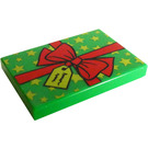 LEGO Green Tile 2 x 3 with Red Ribbon and Bow, Lime Tag and Stars