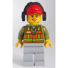 LEGO Lumière Orange Gilet de sécurité, Medium Stone Gris Jambes, Rouge Casquette avec Trou, Casque Audio, Peach Lips Minifigurine