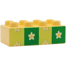 LEGO Hellgelb Duplo Backstein 2 x 4 mit Flowery Wallpaper (Gelb/Green Streifen) (3011 / 31459)