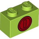 LEGO Lime Brick 1 x 2 with Red coin with Bottom Tube (3004 / 76892)