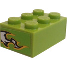 LEGO Lime Brick 2 x 3 with Black/White Flames (Both Ends) Sticker (3002)