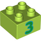 LEGO Limette Duplo Backstein 2 x 2 mit Green '3' (3437 / 15962)