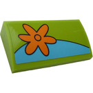 LEGO Lime Slope 2 x 4 Curved with Orange Flower on the Left Side Sticker with Bottom Tubes (88930)
