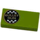 LEGO Limoen Tegel 1 x 2 met Bullet Run logo (Links) Sticker met groef (3069)