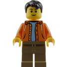 LEGO Male Orange Jacket with Hood over Light Blue Sweater, Dark Tan Legs, Black Short Tousled Hair Minifigure