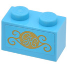 LEGO Medium azuurblauw Steen 1 x 2 met Gold 'GH' Sticker met buis aan de onderzijde (3004)