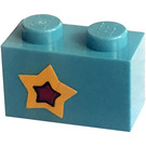 LEGO Medium azuurblauw Steen 1 x 2 met Star (Links) Sticker met buis aan de onderzijde (3004)