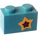 LEGO Medium azuurblauw Steen 1 x 2 met Star (Rechtsaf) Sticker met buis aan de onderzijde (3004)
