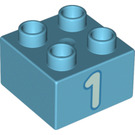 LEGO Mittleres Azure Duplo Backstein 2 x 2 mit "1" (3437 / 66025)