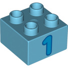 LEGO Duplo Medium azuurblauw Duplo Steen 2 x 2 met Blauw '1' (3437 / 15956)