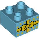 LEGO Mittleres Azure Duplo Backstein 2 x 2 mit Gelb Bow present (3437 / 21045)