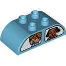 LEGO Medium Azure Duplo Brick 2 x 4 with Curved Sides with Girl/Cat and Boy/Puppy looking out of windows (43442 / 98223)