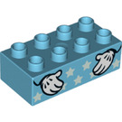 LEGO Mittleres Azure Duplo Backstein 2 x 4 mit Weiß Stars und Mickey Mouse Hände (3011 / 44128)
