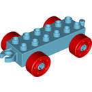 LEGO Medium azuurblauw Duplo Auto Chassis 2 x 6 met Rood Wielen (moderne open trekhaak) (14639 / 74656)