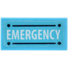 LEGO Medium Azure Tile 1 x 2 with 'EMERGENCY' Sticker with Groove (3069)