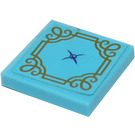 LEGO Medium Azure Tile 2 x 2 with Cushion with Gold Scrollwork Sticker with Groove (3068)