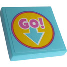 LEGO Medium azuurblauw Tegel 2 x 2 met 'GO!' in Cirkel en Beneden Pijl Sticker met groef (3068)