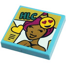 LEGO Medium azuurblauw Tegel 2 x 2 met 'HLC', Hart, Smiling Emoticon, Girl Sticker met groef (3068)