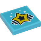 LEGO Azure moyen Tuile 2 x 2 avec Star et Lines Autocollant avec rainure (3068)