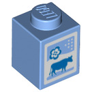 LEGO Medium Blue Brick 1 x 1 with Milk Carton Decoration (Cow and Flower) (3005)