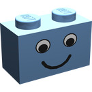 LEGO Medium blauw Steen 1 x 2 met Smiling Gezicht zonder sproeten (3004 / 83201)