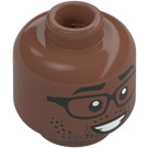 LEGO Medium Brown Double-Sided Head with Glasses, Stubble and Wide Grin / Lopsided Smile (Recessed Solid Stud) (3626 / 100330)