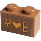 LEGO Medium Dark Flesh Brick 1 x 2 with 'P Heart E' Sticker with Bottom Tube (3004)
