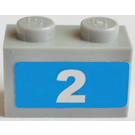 LEGO Medium Steengrijs Steen 1 x 2 met '2', Blauw Background Sticker met buis aan de onderzijde (3004)
