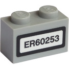 LEGO Gris pierre moyen Brique 1 x 2 avec License assiette ER60253 Autocollant avec tube inférieur (3004)