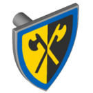 LEGO Medium Stone Gray Minifig Shield Triangular with Crossed Axes on Yellow/Black Background with Blue Border (3846 / 102331)