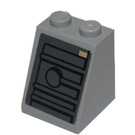LEGO Medium Steengrijs Helling 2 x 2 x 2 (65°) met Geel Rectangle, Grijs Areas met Zwart Border Sticker met buis aan de onderzijde (3678)