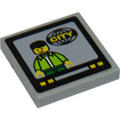 LEGO Medium Steengrijs Tegel 2 x 2 met Minifig en CITY in Globe Aan TV Screen Sticker met groef (3068)