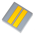 LEGO Medium Stone Gray Tile 2 x 2 with Two Yellow Stripes Sticker with Groove (3068)