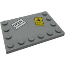 LEGO Medium Steengrijs Tegel 4 x 6 met Studs Aan 3 Edges met 'OPEN 8-5 MON-SAT' en 'Hond Bewaker' Sticker (6180)