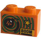 LEGO Orange Brique 1 x 2 avec 'BOOM', Star, Bomb Autocollant avec tube inférieur (3004)