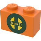 LEGO Orange Backstein 1 x 2 mit 'Santa Fe' und Dark Green Logo Aufkleber mit Unterrohr (3004)