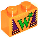 LEGO Orange Brick 1 x 2 with 'W'  Sticker with Bottom Tube (3004)
