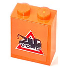 LEGO Orange Brick 1 x 2 x 2 with Tow Truck in Red Triangle (Right) Sticker with Inside Axle Holder (3245)