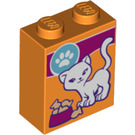 LEGO oranžová Kostka 1 x 2 x 2 s Bílá Kočka s Jídlo Bowl a Paw logo s vnitřním držákem čepu (3245 / 26636)