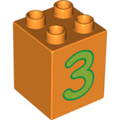 LEGO Orange Duplo Brick 2 x 2 x 2 with Green '3' (31110 / 88262)