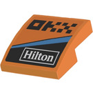 LEGO Orange Slope 2 x 2 Curved with ‘DKX’, ‘Hilton’ and Blue Stripe (Left) Sticker (15068)