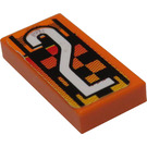 LEGO Orange Tile 1 x 2 with White '2' on Checkered background Sticker with Groove (3069)