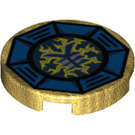 LEGO Pearl Gold Tile 2 x 2 Round with Airjitzu Lightning Symbol in Blue Octagon Pattern with Bottom Stud Holder (14769 / 21289)