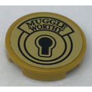 LEGO Parelmoer Goud Tegel 2 x 2 Ronde met "MUGGLE WORTHY" en Keyhole Sticker met Studhouder aan de onderzijde (14769)