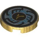 LEGO Pearl Gold Tile 2 x 2 Round with Ninjago Rune Designs and Blue Pixels with Bottom Stud Holder (14769 / 36595)