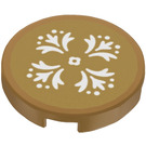 LEGO Pearl Gold Tile 2 x 2 Round with White Floral Pattern Sticker with Bottom Stud Holder