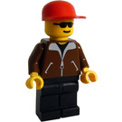 LEGO Railroad Yard Worker with Brown Coat, Black Legs, Sunglasses, and Red Cap Minifigure