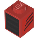 LEGO rot Backstein 1 x 1 mit Schwarz Gitter mit Schwarz Tapered Gebogen Streifen (Links) Aufkleber (103714)